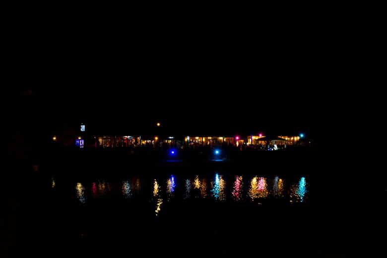 Hotel Dolphin at night, view from the other side of the River Great Ouse, St Ives, Cambridgeshire