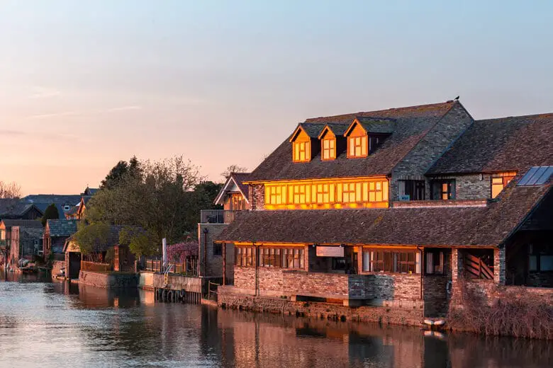 View of The River Terrace during sunset from St Ives Bridge over the River Great Ouse