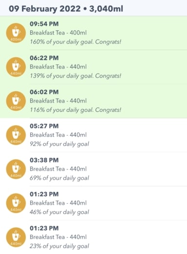 Screenshot from Waterminder, water tracking app, to show that on 9 Feb 2022 I drank nothing except for over 3 litres of breakfast tea