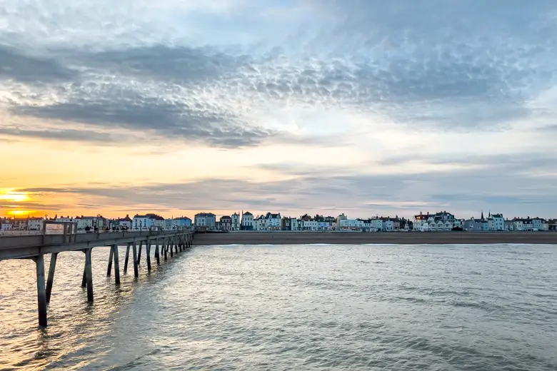 View od the town of Deal, Kent from the pier during the sunset - self care weekend ideas