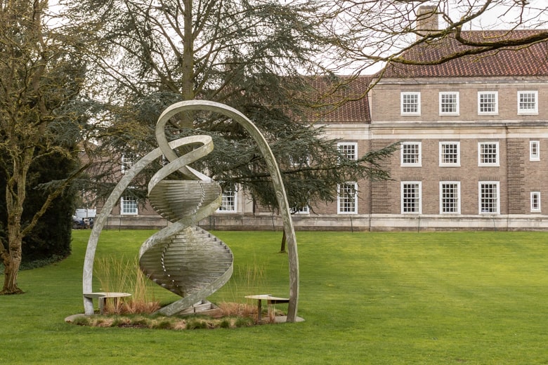 Free things to do in Cambridge - double Helix Sculpture, DNA Statue in Clare College, Cambridge