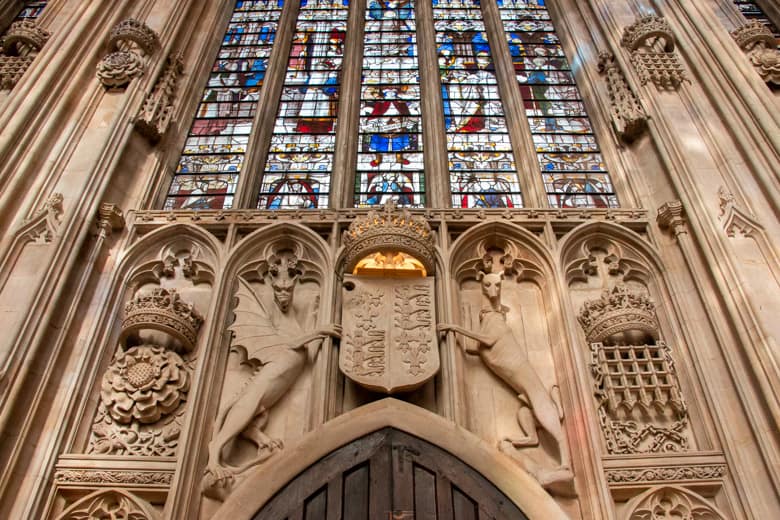 Free things to do in Cambridge - interior details and stained glass windows above entrance to King's College Chapel, Cambridge