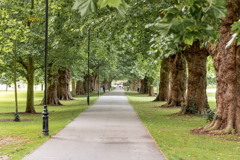 Free things to do in Cambridge - main pathway through the Christ's Pieces, Cambridge with trees on both sides