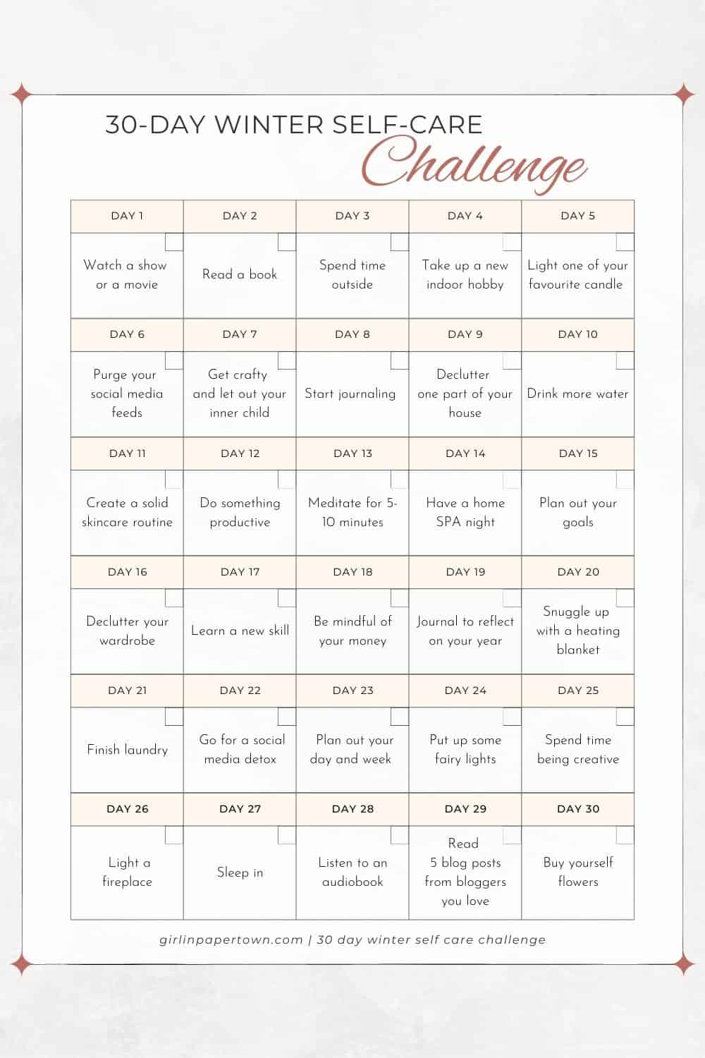 30 day winter self care challenge printable - pin for cosy winter self care ideas